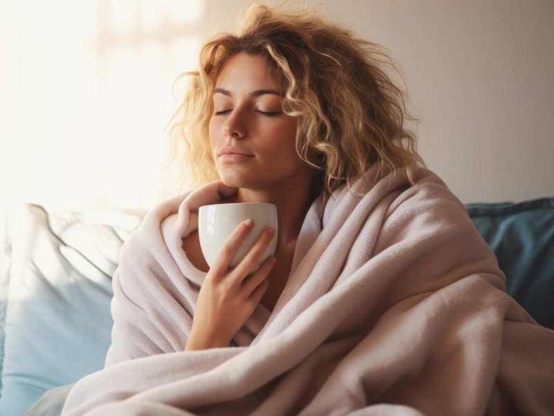 Frau sitzt in Decke eingeh&uuml;llt und mit einem Tee auf dem Sofa.