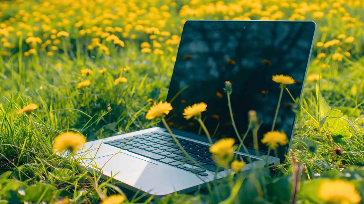 Ein aufgeklappter Laptop steht inmitten einer Wiese mit leuchtend gelben Löwenzahnblüten bei strahlendem Sonnenschein.