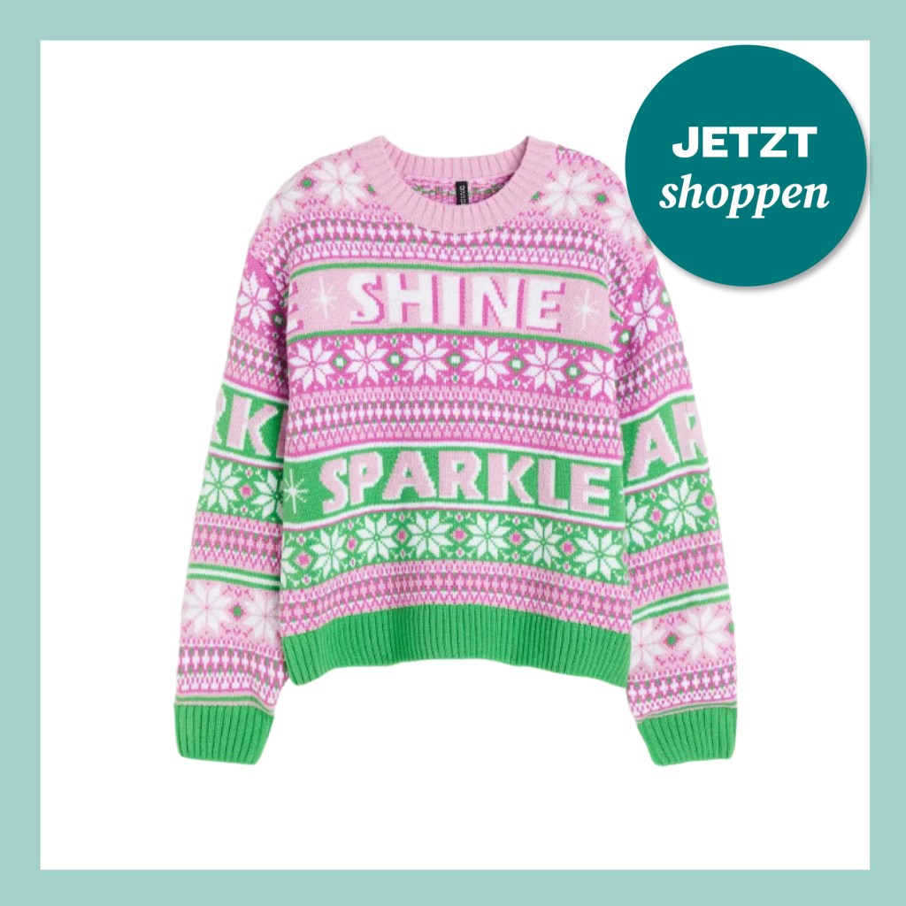 Rosa-Gr&uuml;ner Pullover f&uuml;r Weihnachten von H&M aus der Winterkollektion 2023