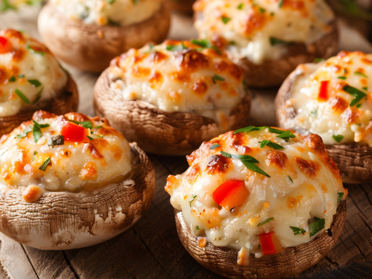 Gefüllte Champignons mit Feta und Paprika auf einem Holzbrett.
