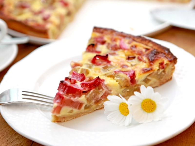 Ein St&uuml;ck Rhabarber-Tarte auf einem wei&szlig;en Teller.