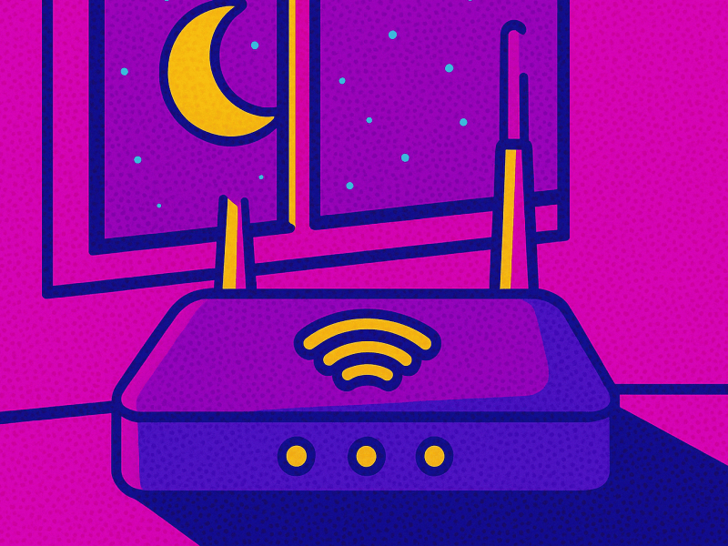 Pop Art Bild eines Routers, vor Fenster mit Mond als Symbolbild f&uuml;r "Router nachts an"