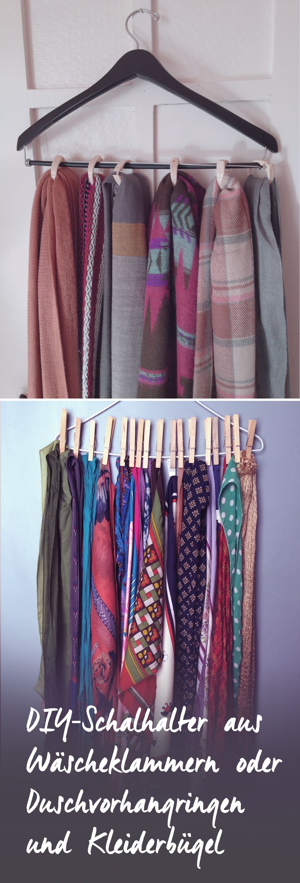 DIY-Schalhalter aus Kleiderbügeln und Wäscheklammern oder Duschvorhangringen DIY-Schalhalter aus Kleiderbügeln und Wäscheklammern oder Duschvorhangringen