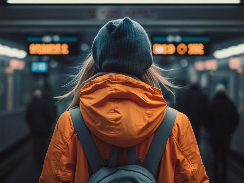 Frau steht vor einer Bahnstation.&nbsp;