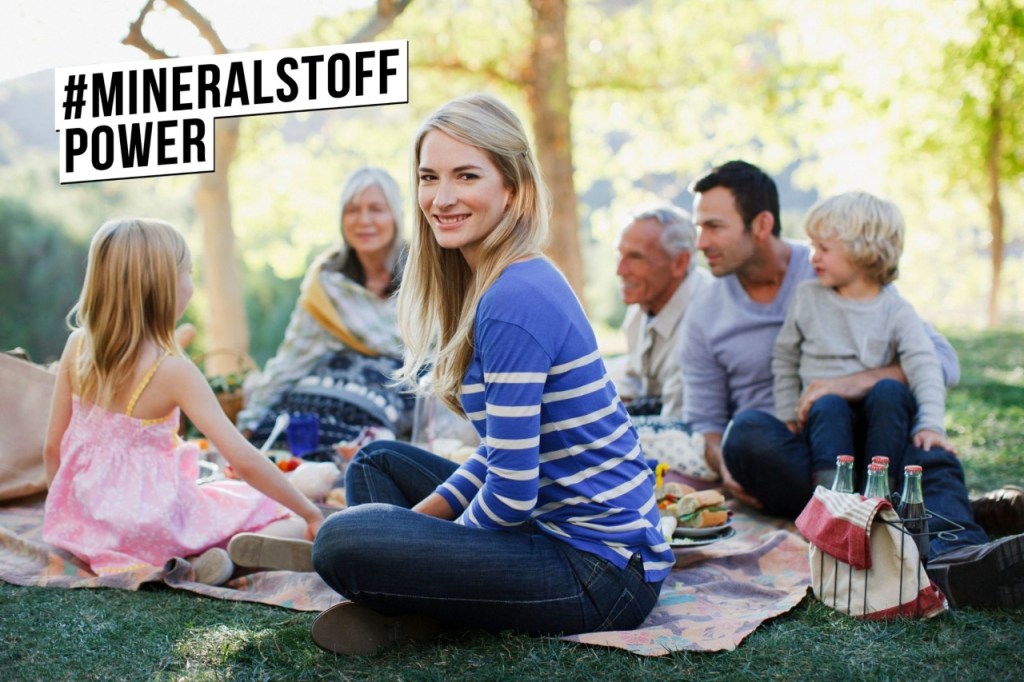 Familie beim Picknick in der Natur als Symbol f&uuml;r gesunde Ern&auml;hrung und die Versorgung mit Mineralstoffen.