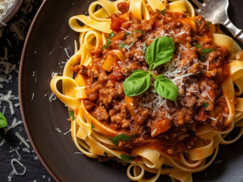 Pasta mit veganer Linsenbolognese auf einem dunklen Teller.