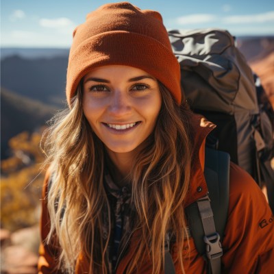Frau auf Berg mit Backpack, die eine M&uuml;tze auf hat und in die Kamera l&auml;chelt