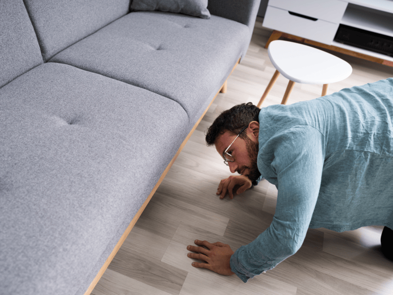 Junger Mann kniet auf dem Boden und sucht unter dem Sofa etwas