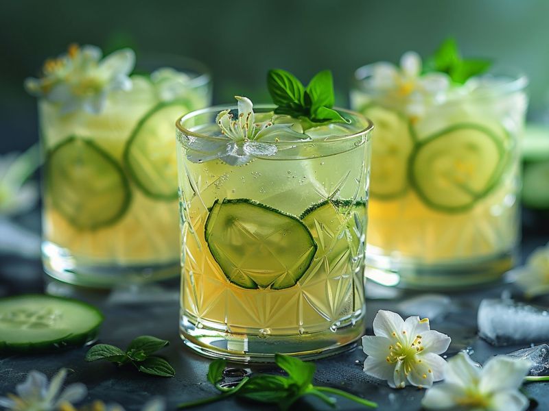 3 Gl&auml;ser Lillet Spritz mit Gurke und Bl&uuml;tendekoration