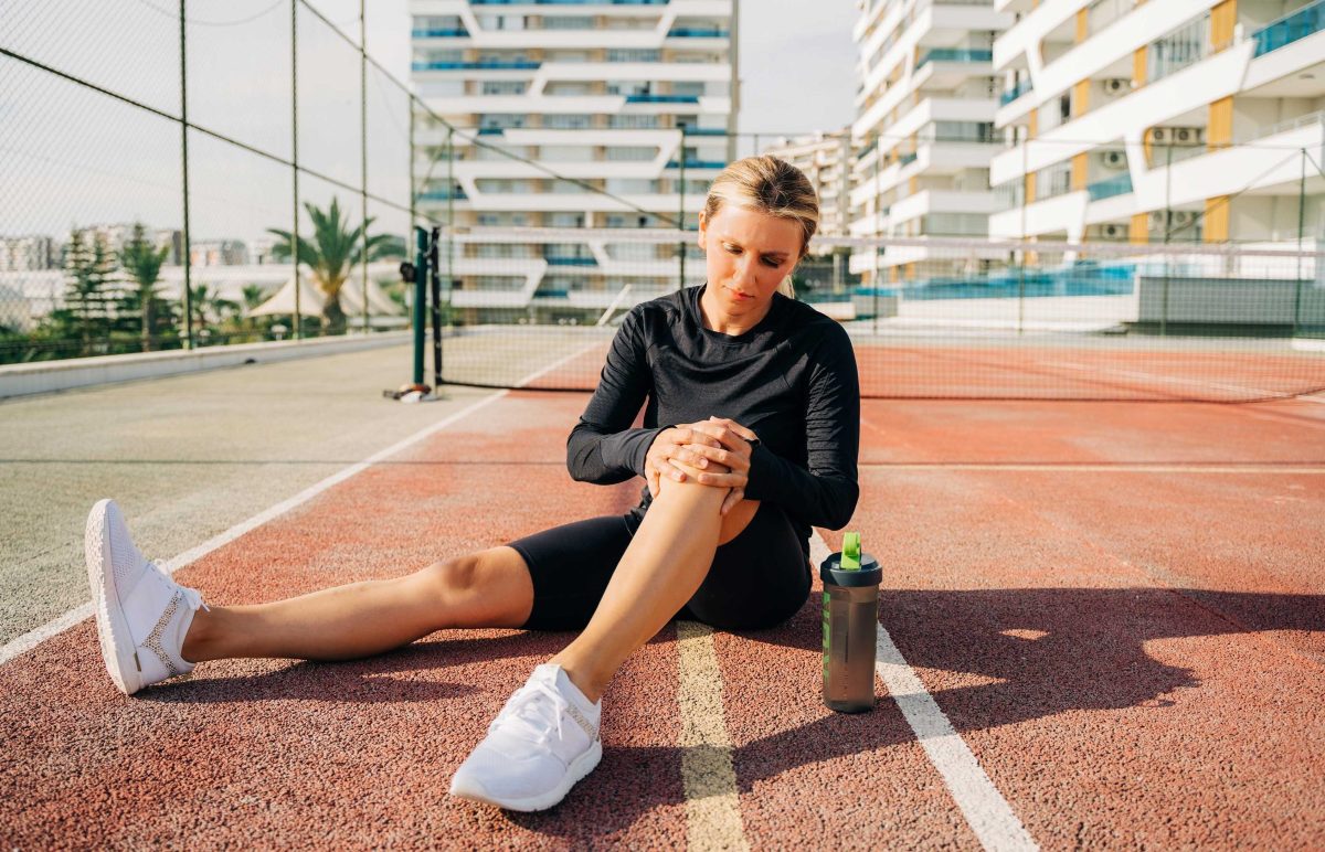 Athletische Frau hält sich das schmerzende Knie auf einem Tennisplatz