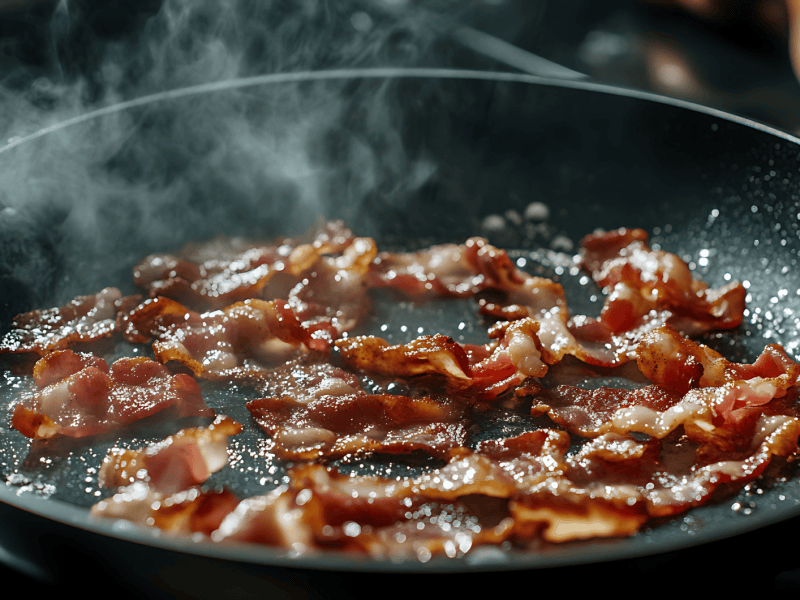 Bacon wird in einer Pfanne angebraten.