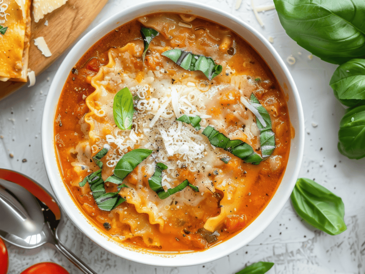 Lasagne Suppe mit Basilikum von oben fotografiert.