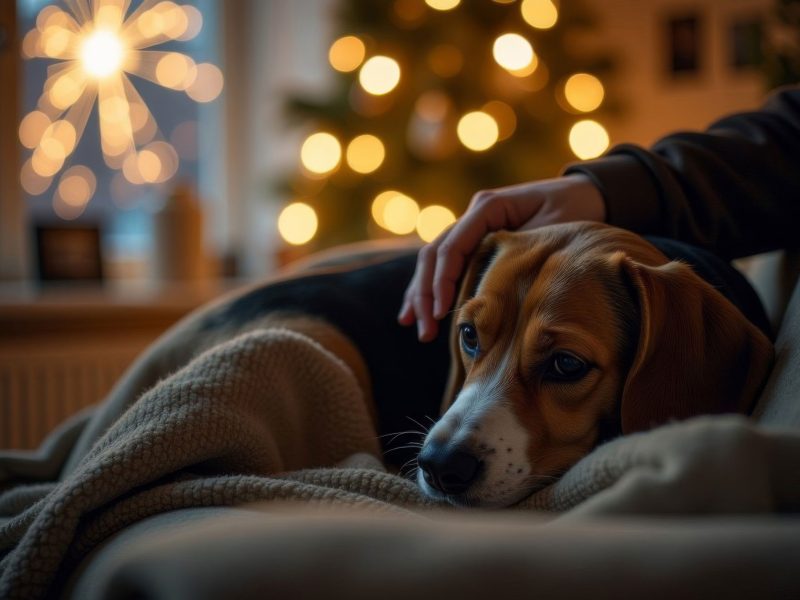Generated with AI Der Beagle-Hund hat gro&szlig;e Angst vor Feuerwerksk&ouml;rpern. Der Besitzer versucht, das Tier zu beruhigen. Bitte werfen Sie keine Feuerwerksk&ouml;rper