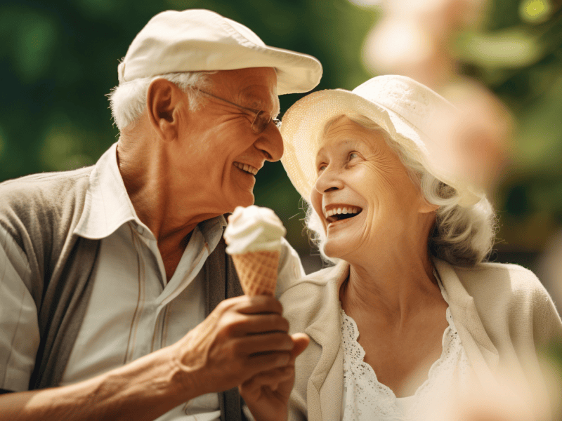 &Auml;lteres P&auml;rchen mit einem Eis in der Hand, die sich anl&auml;cheln.