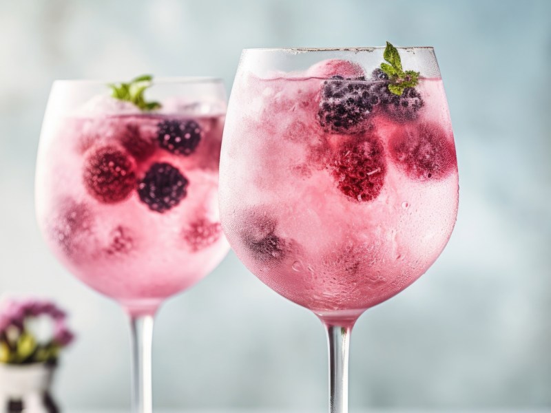 Zwei Weingl&auml;ser mit pinkem Getr&auml;nk und frischen Beeren.