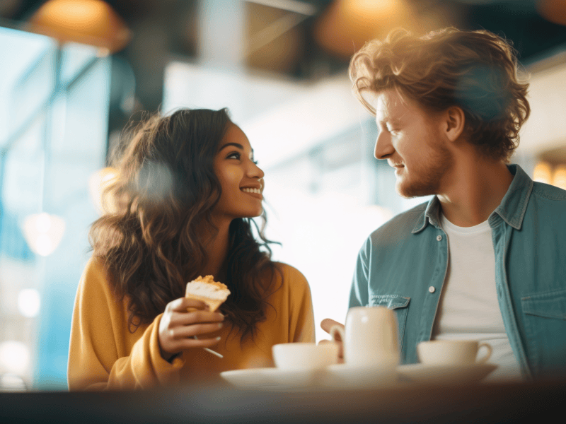 Mann und Frau in einem Caf&eacute;, die sich unterhalten und lachen.