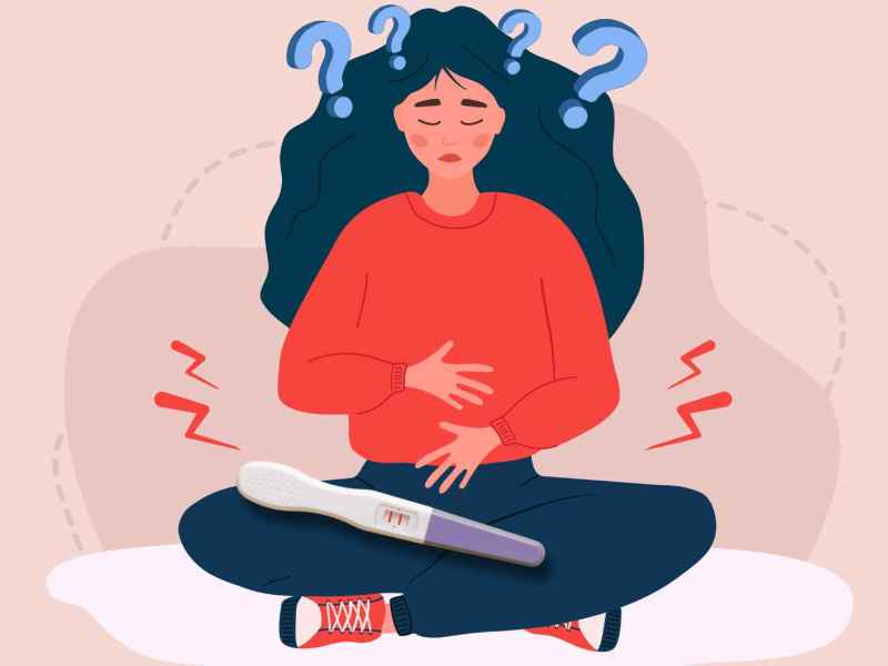 Grafik einer nachdenklichen Frau im roten Pullover mit Hand auf dem Bauch, umgeben von Fragezeichen, neben ihr ein positiver Schwangerschaftstest.