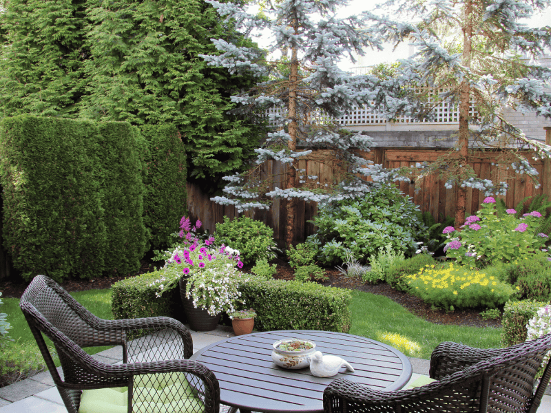 Kleiner Garten mit St&uuml;hlen und Pflanzen
