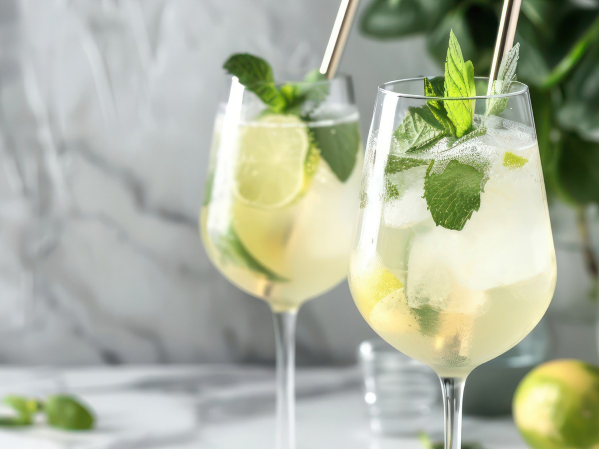 Zwei Weingl&auml;ser mit hellem Drink, Minze, Eisw&uuml;rfel und Limettenscheiben.