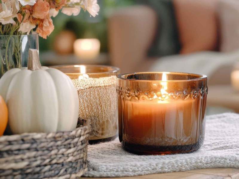 Herbstliche Kerzen und Deko auf einem Tisch im Wohnzimmer. Im Hintergrund sind Polsterm&ouml;bel zu sehen.