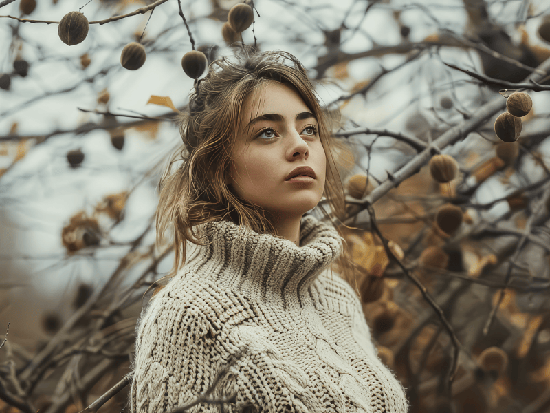 KI-generierte Frau vor einem Baum im Herbst, die ernst in die Kamera schaut.
