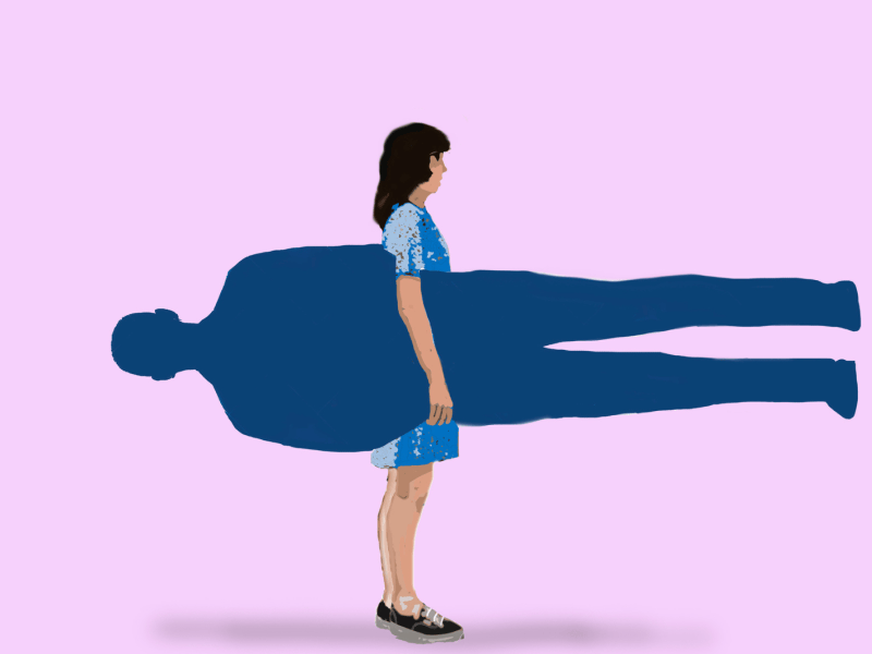 Grafik mit einer Frau, die einen Mann unter dem Arm trägt