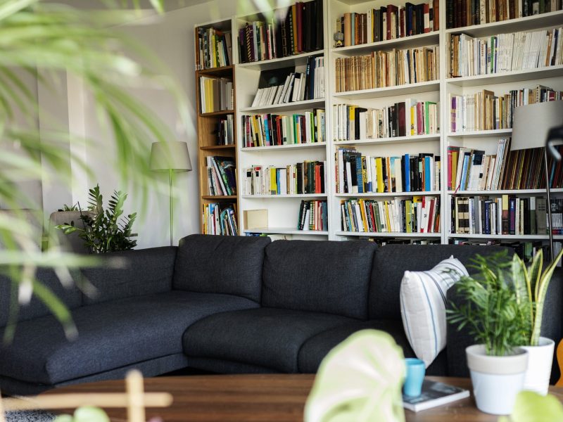 Wohnzimmer mit B&uuml;cherwand