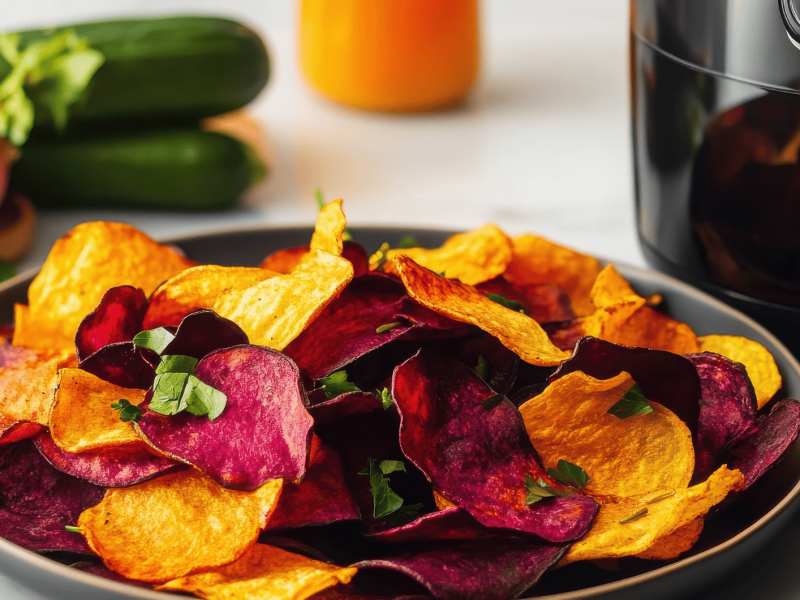 Verschiedene Gem&uuml;sechips vor einem Airfryer.