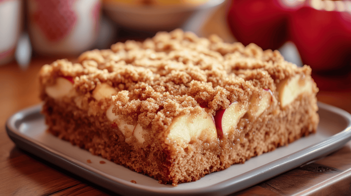 Kuchen mit Apfel und Streusel auf einem kleinen Backblech.