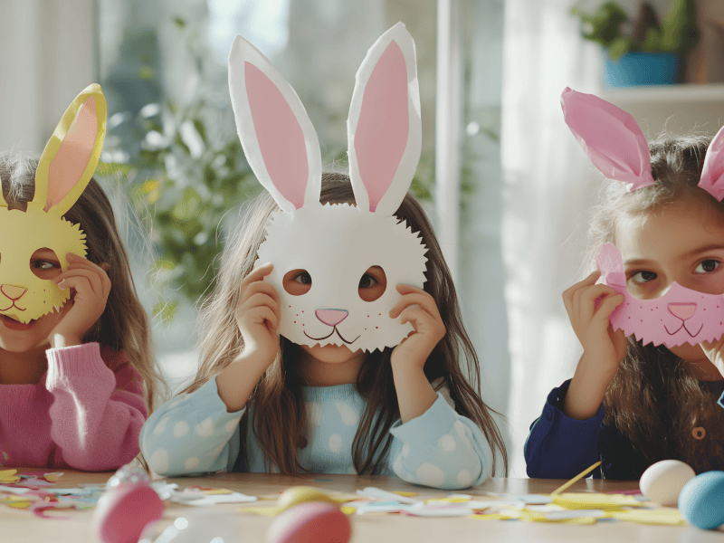 3 M&auml;dchen, etwa 5 Jahre, sitzen am Tisch und halten sich Osterhasen-Masken vor das Gesicht