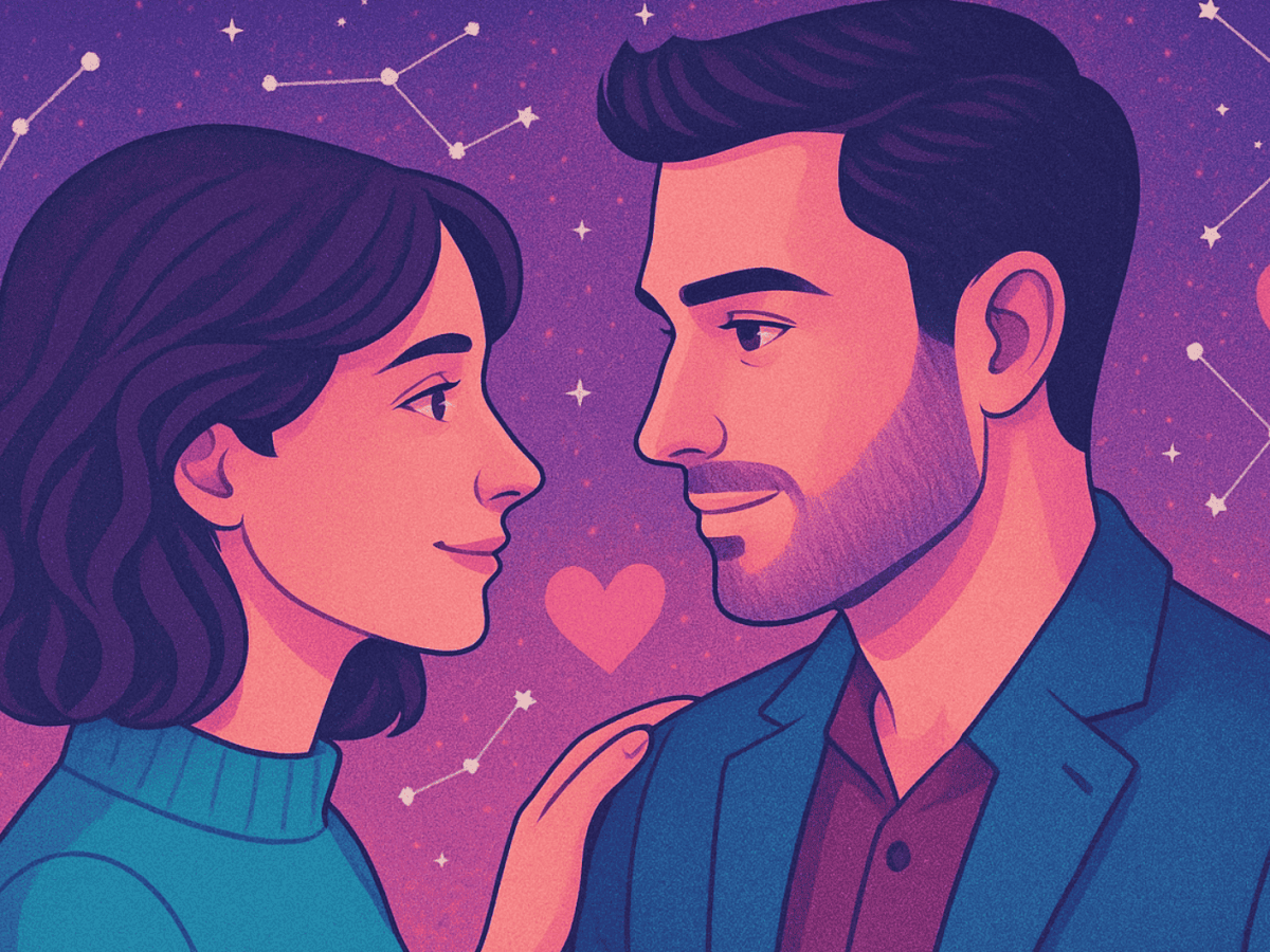 Illustriertes Bild von Mann und Frau, die sich liebevoll in die Augen sehen. Im Hintergrund ein pink-lilaner Himmel mit herzen und Sternbildern.