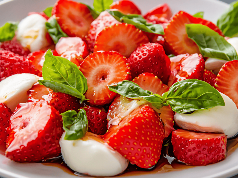 Erdbeer-Caprese Salat mit Basilikum auf wei&szlig;em Teller.