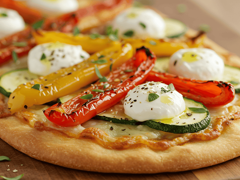 Fladenbrot-Pizza mit Zucchini, Paprika und K&auml;se auf einem Holzbrett.