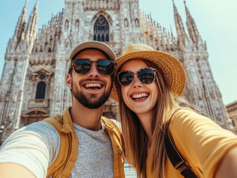 Lachendes, junges Paar macht ein Selfie vor dem Dom in Mailand