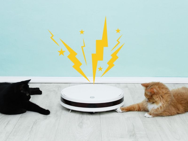 Zwei Katzen liegen rechts und links neben wei&szlig;em Saugroboter auf dem Boden