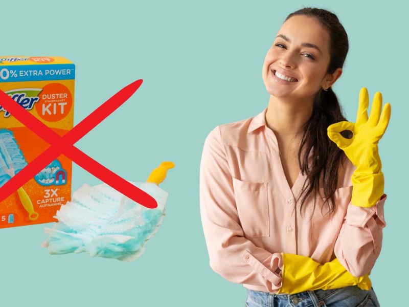 Frau mit Putzhandschuhen und eine Produktabbildung von Swiffer