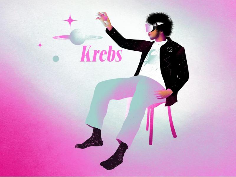 Stylisierter Krebs-Mann mit wei&szlig;em Shirt und schwarzen Locken sitzt vertr&auml;umt auf Stuhl und interagiert mit einem Planeten.