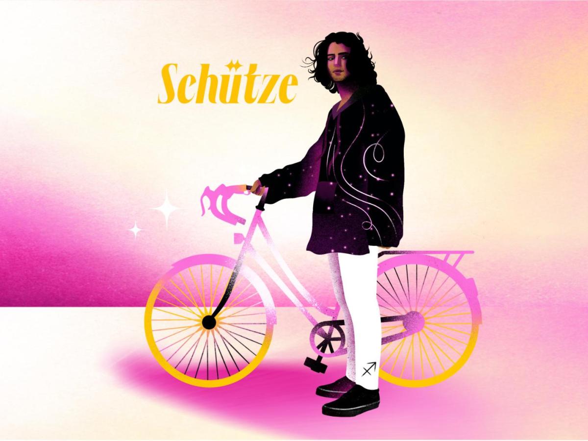 Stylisierter Schütze mit weißer Hose und astrologischem Symbol hält verträumt ein Fahrrad vor rosarotem Hintergrund.