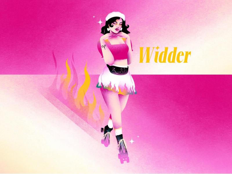 Stylisierte Widder-Frau mit Stirnband und Flammenmotiv auf Minirock f&auml;hrt vertr&auml;umt auf Rollschuhen durch rosa Licht.