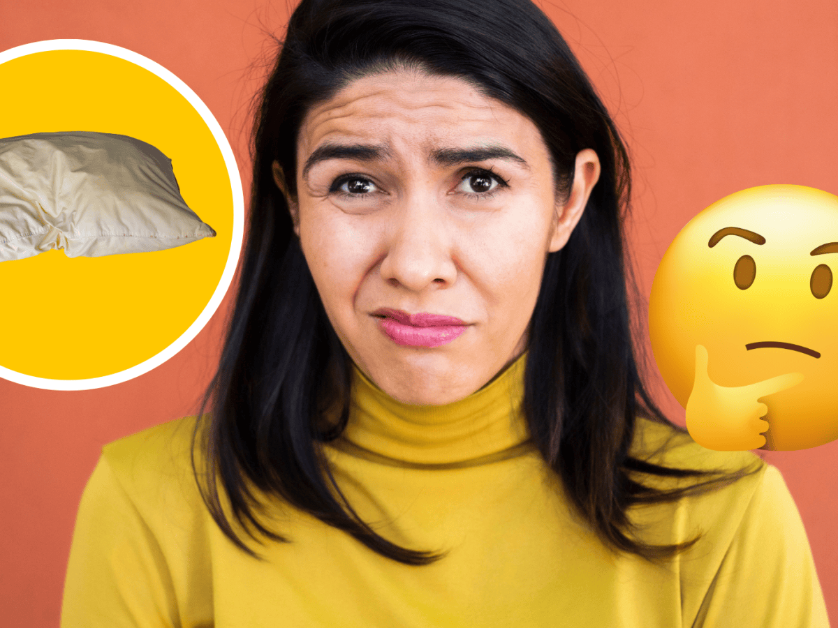 Frau schaut angeekelt, in Kreis daneben ein Kopfkissen mit gelben Flecken und ein nachdenklicher Emoji
