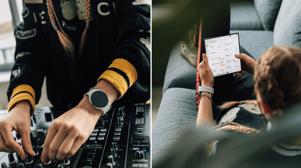 Nahaufnahme von DJane LUNAX, die eine Smartwatch tr&auml;gt, beim DJing und beim Scrollen auf einem Tablet auf Sofa.