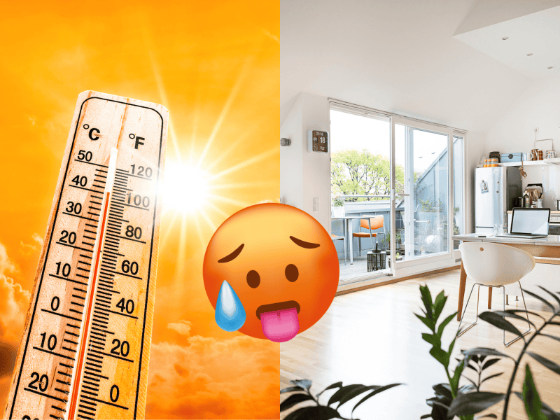 Dachgeschosswohnung und daneben ein steigendes Thermometer vor einer Sonne.
