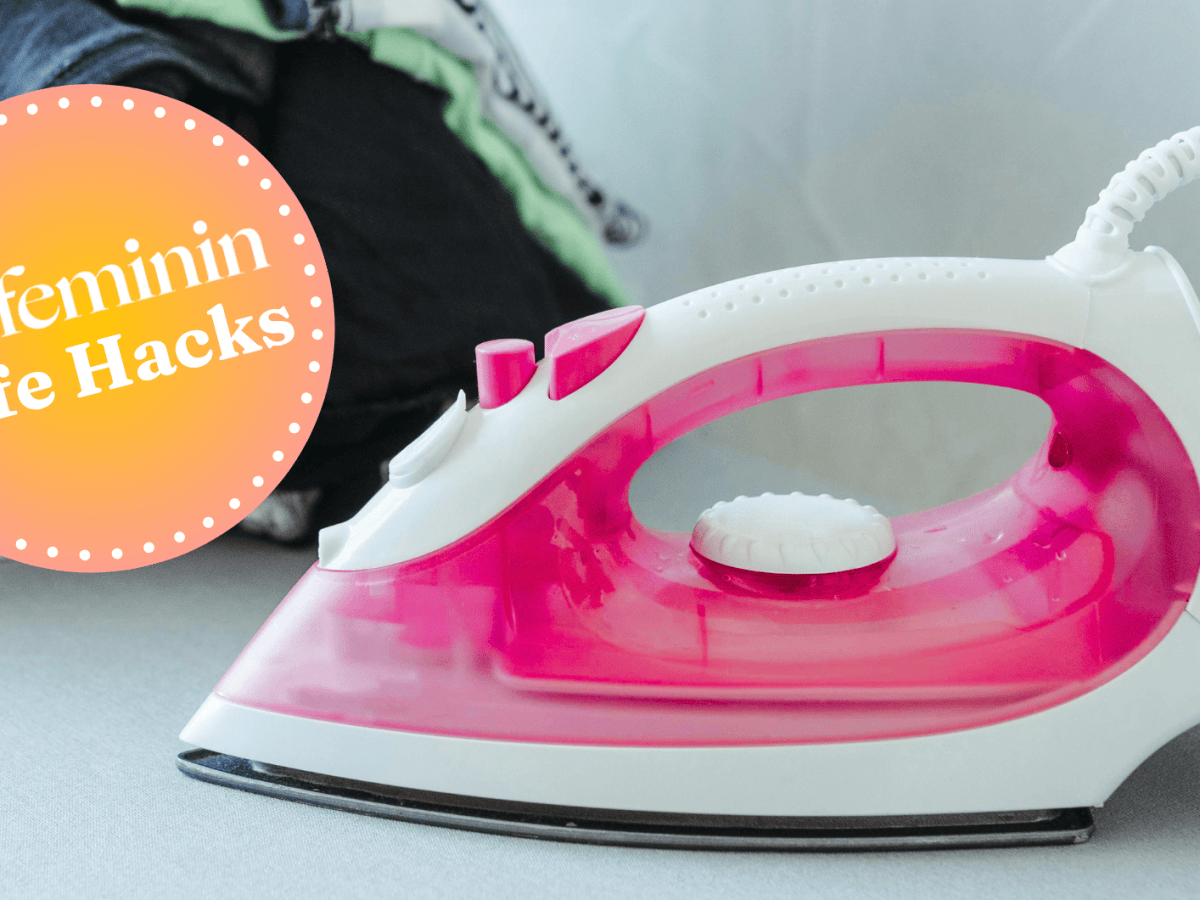 B&uuml;geleisen in Pink daneben W&auml;sche und gofeminin Logo