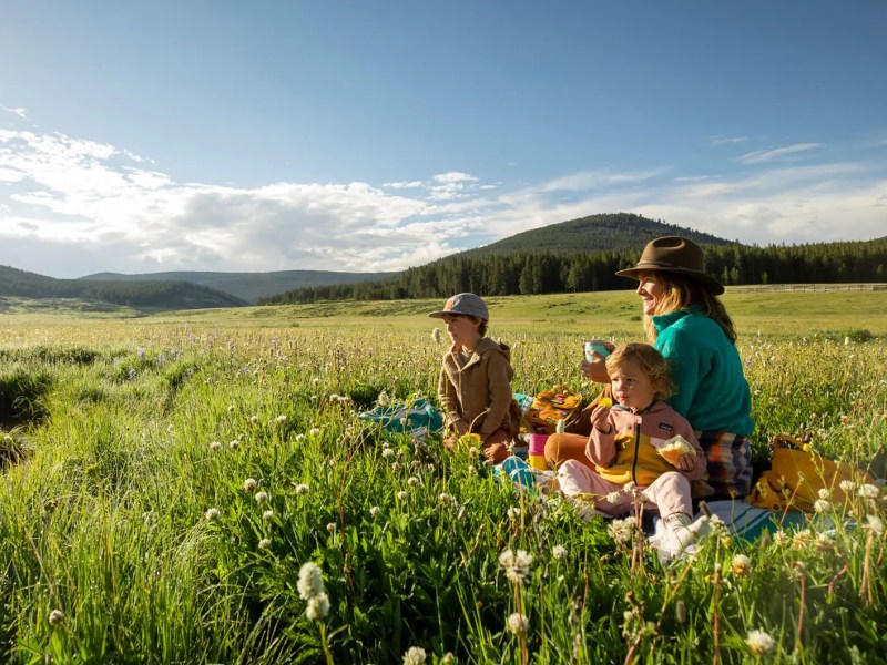 Familie beim Picknick im Gras an einem Fluss.