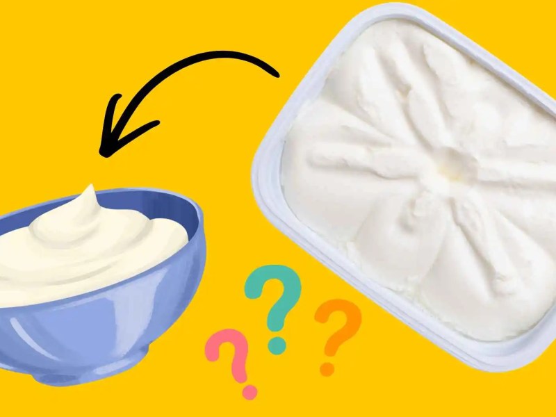 Zwei Grafiken mit einer Schüssel, in der Quark ist und einer Quark-Packung auf einem gelben Hintergrund.